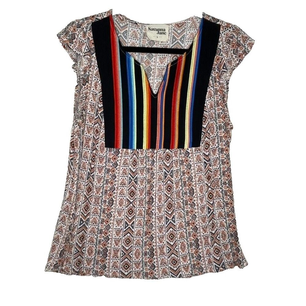 Savanna Jane Cream Rust Multicolor, embroidered stripe, short flutter sleeve (L)